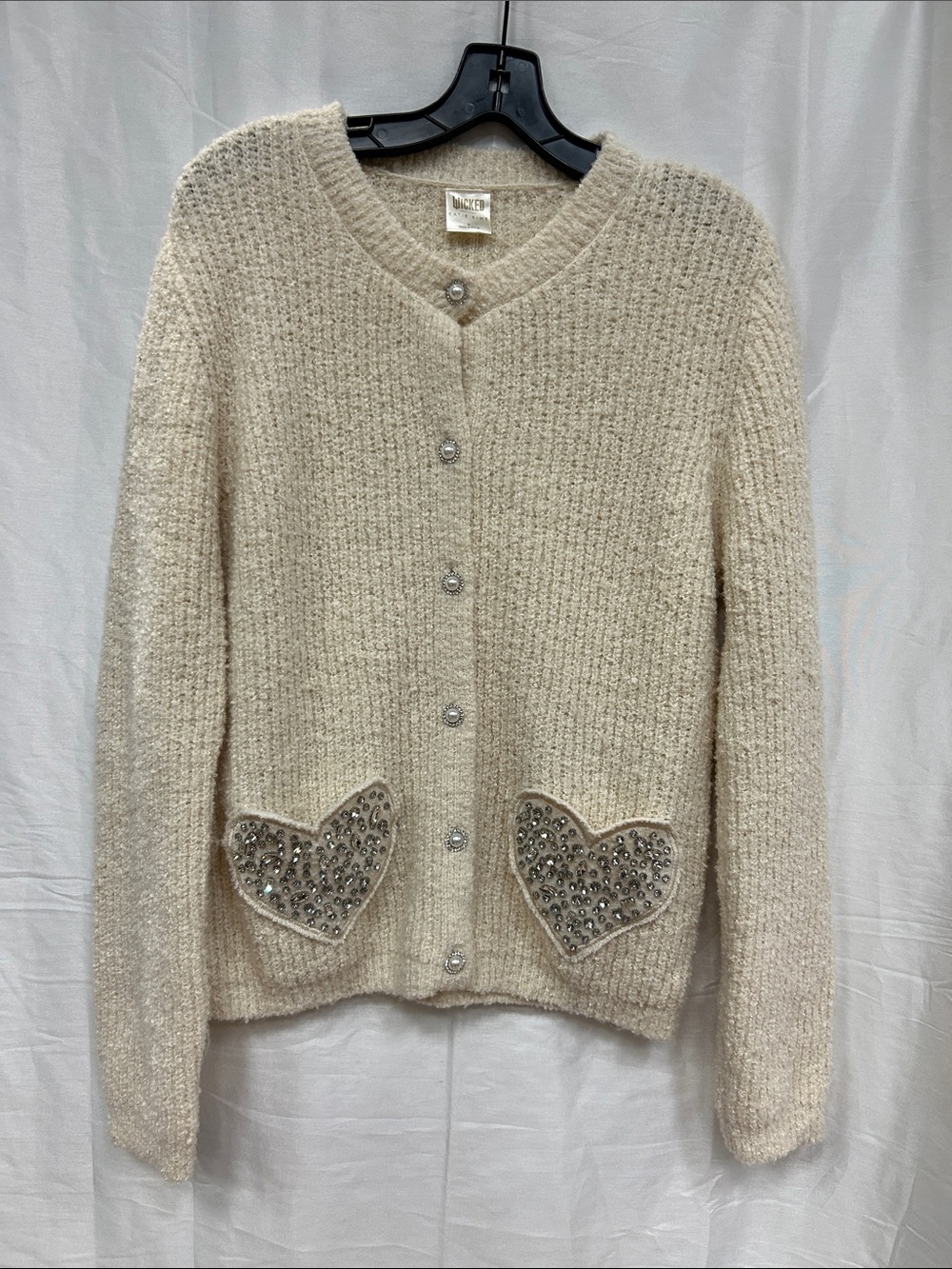 Wicked - Cream Heart-Pocket Button Cardigan Sweater Size Medium!
